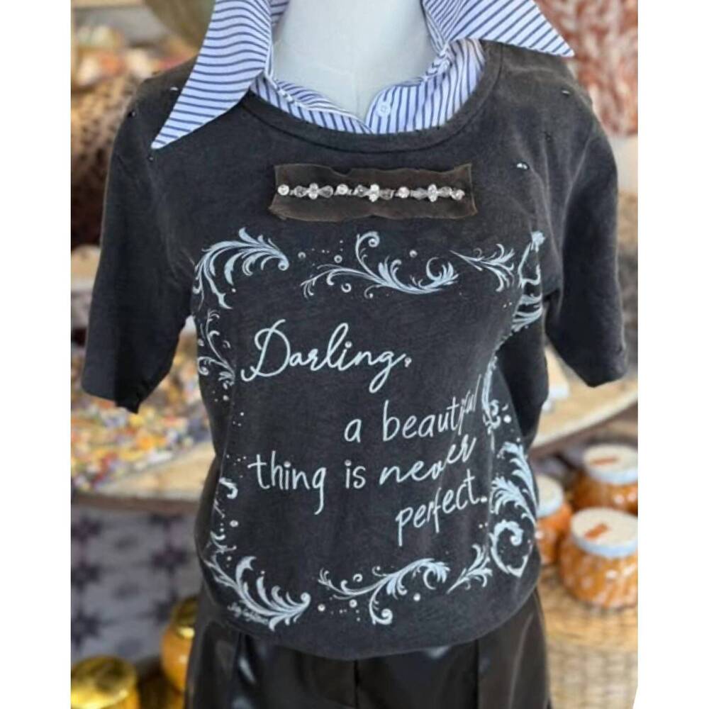 NEW A RARE BIRD women's darling distressed shirt in charcoal